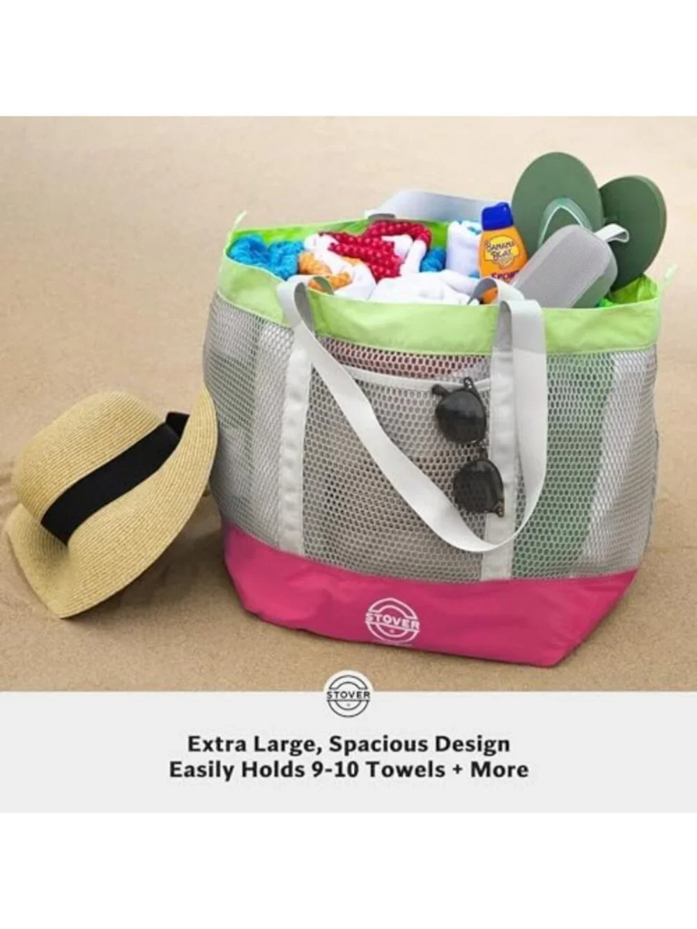 Large Mesh Beach Tote Bag - Foldable Travel Bag with Pockets for Vacation & Pool